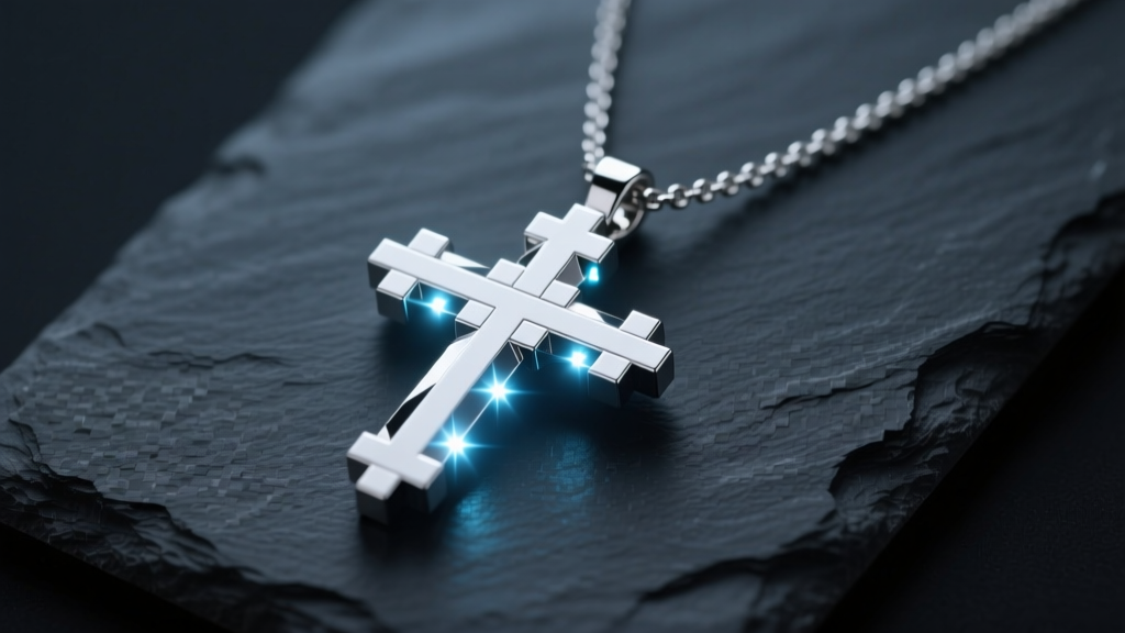 Sterling silver pixelated cross necklace on dark slate, illuminated by cool starry LED lights, showing sharp 8-bit geometric edges.