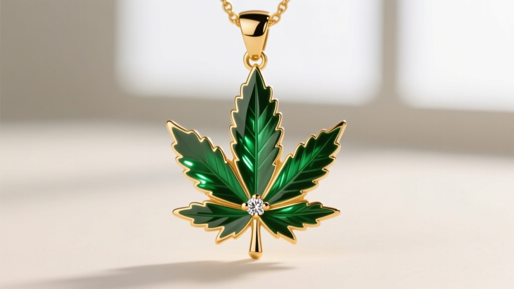 Macro shot of a 14k gold cannabis leaf pendant featuring vibrant green vitreous enamel detailing and a tiny diamond accent.