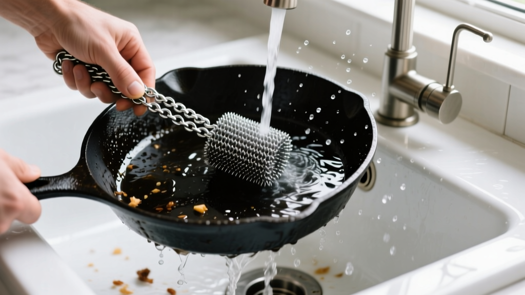 Hands using a stainless steel chainmail scrubber to clean a black cast iron skillet under running water in a white farmhouse sink, removing stuck-on food debris