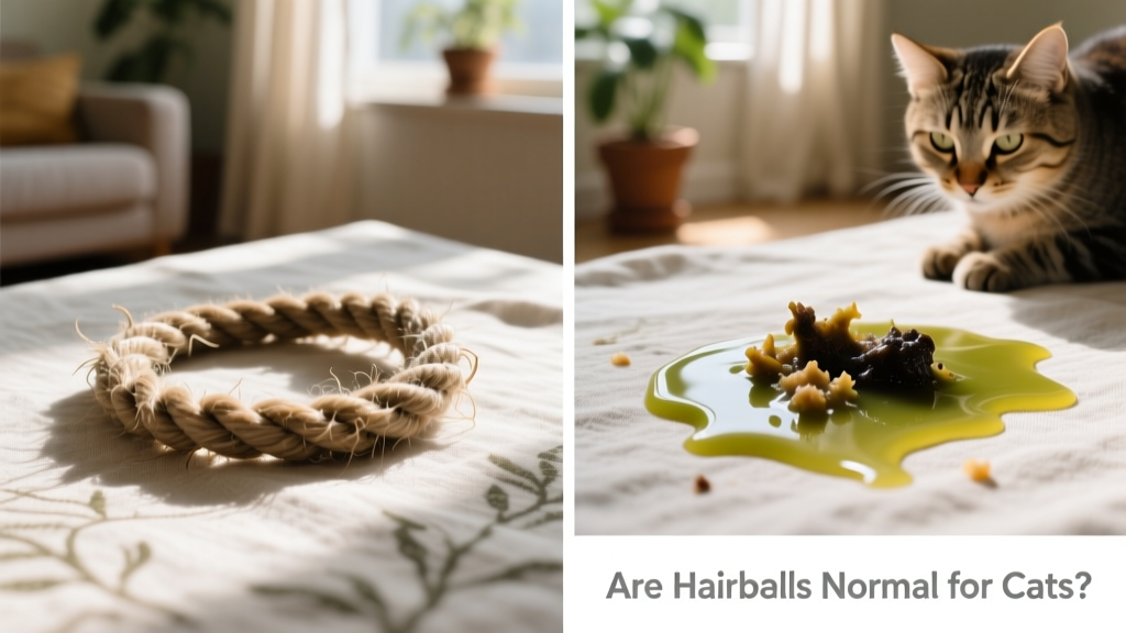 Side-by-side comparison: a typical hairball (long, furry, moist) next to abnormal vomit (liquid, food-filled, or discolored)
