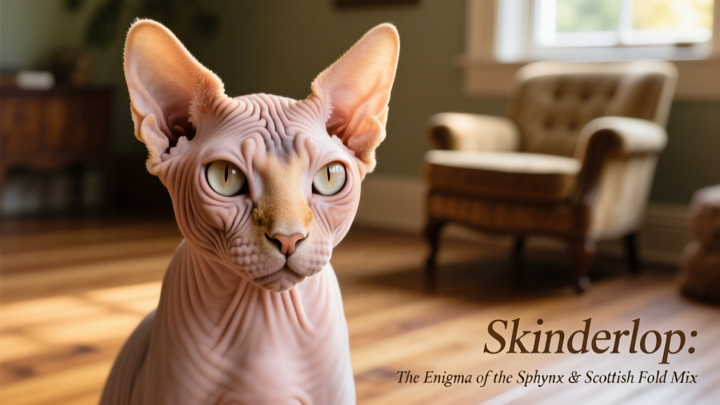 Close-up portrait of a Skinderlop showing wrinkled, peach-fuzz skin and folded ears
