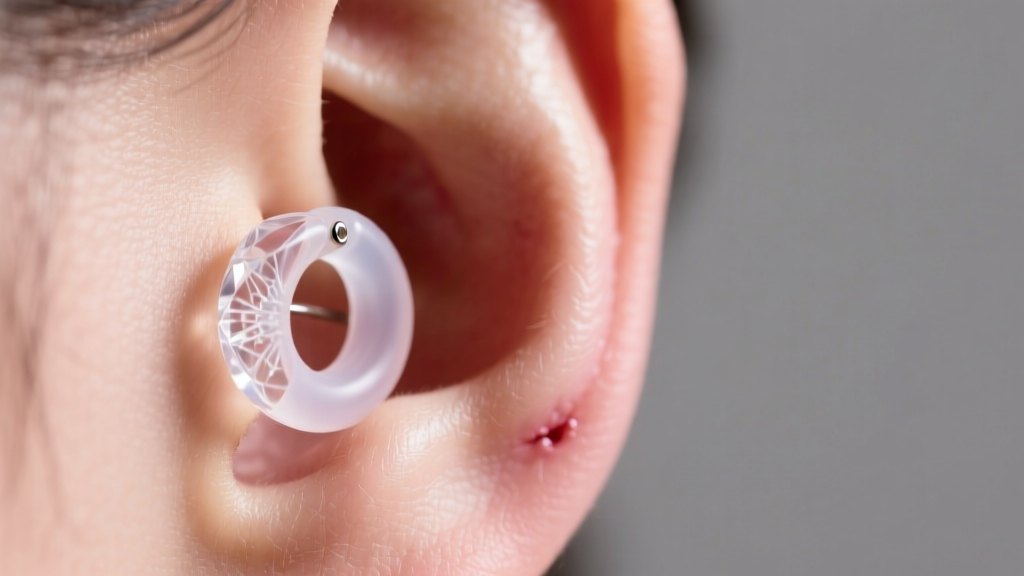Macro close-up of a clear silicone keloid pressure earring resting on a healed earlobe, illuminated by soft, warm studio lighting.