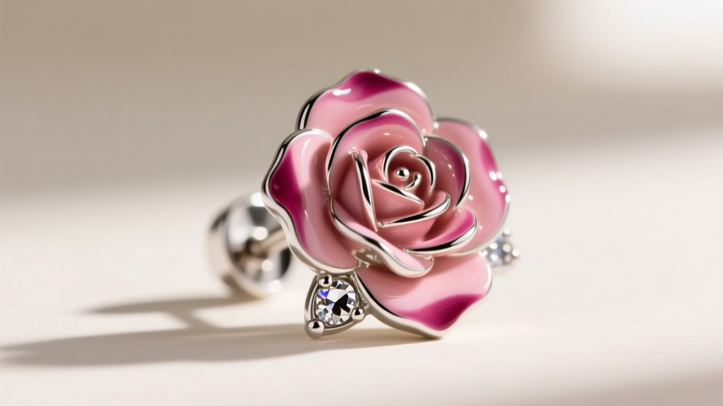 Macro shot of silver foil glass rhinestones and hand-painted pink enamel details on a vintage Betsey Johnson rose stud earring.