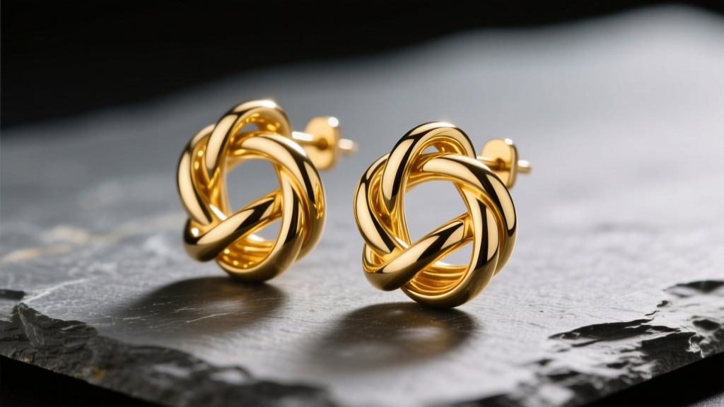 Macro view of 14k yellow gold knot earrings on slate, showing overlapping loops and a bright shine under warm studio lighting.