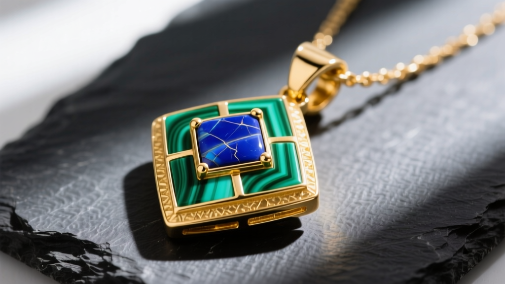 Macro shot of an 18k yellow gold Atlantis pendant necklace on dark slate, showing lapis lazuli and malachite geometric inlays.