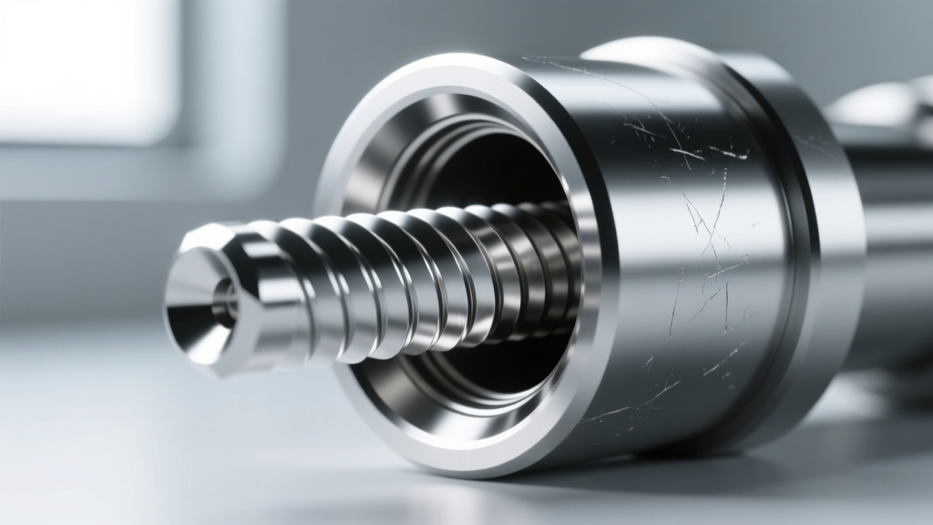 Macro photography of an implant-grade titanium threaded tunnel with a mirror finish, highlighting the smooth internal threading