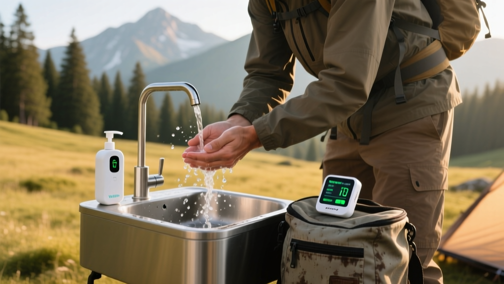 A hiker washing hands at a portable camp sink while a smart UV-C sanitizer and environmental monitor sit on a nearby dry bag.