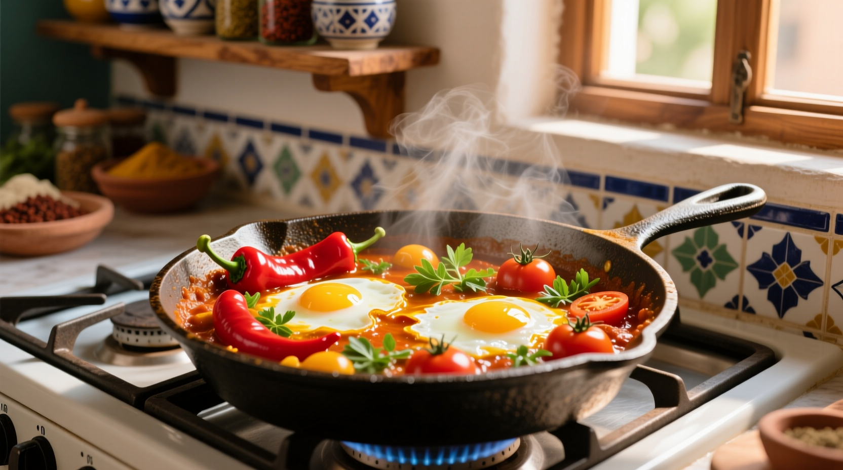 Colorful shakshuka in cast iron skillet with runny eggs