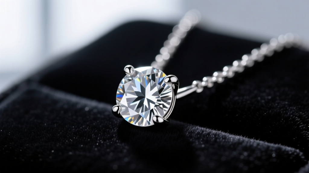 Macro shot of a four-prong platinum solitaire diamond necklace pendant on dark velvet, illuminated by soft studio lighting.