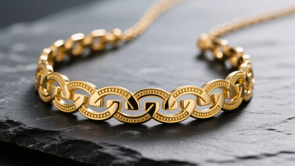 Close-up of a heavy 18k yellow gold Greek key necklace resting on dark slate, highlighting the sharp geometric meander pattern.