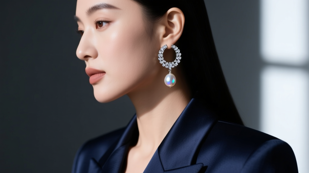 Side profile of an ear curation featuring a crystal huggie and glass pearl drop earring, styled against a sharp dark blazer.