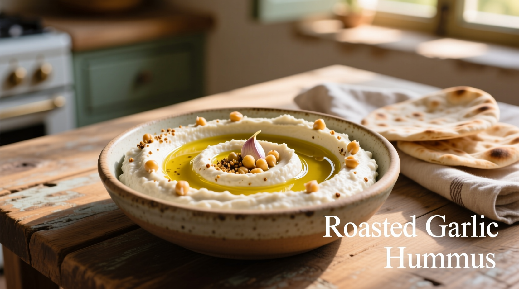 Creamy roasted garlic hummus with olive oil drizzle