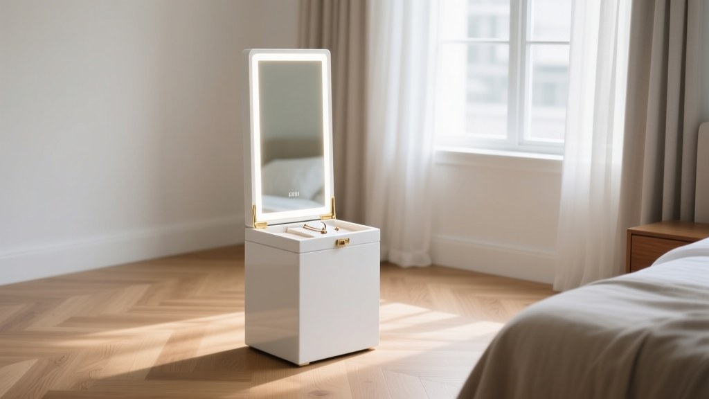 Tall white standing jewelry box with illuminated mirror, placed in a bright minimalist bedroom with light oak hardwood floors.
