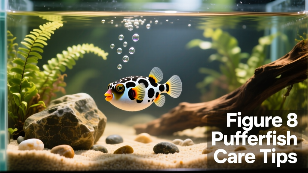 A small, brightly colored figure 8 puffer swimming near aquascaped rocks and Java fern in a well-lit brackish aquarium