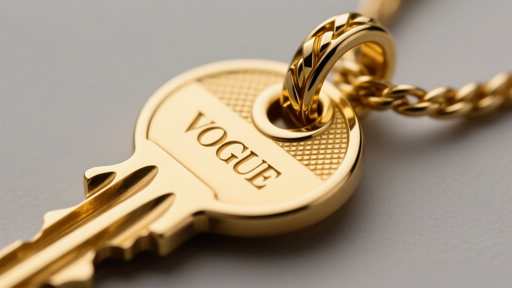 Macro photography of a 14k yellow gold key pendant bail showing laser-welded joints and precise metal hallmark stamping.