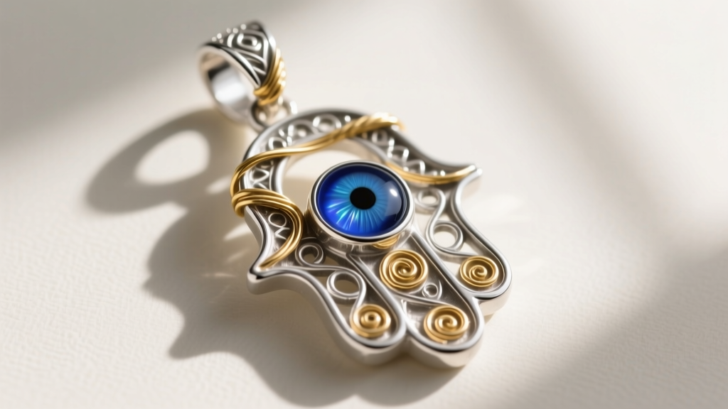 Macro shot of a sterling silver Hamsa pendant featuring a cobalt blue glass evil eye inlay with delicate gold wire wrapping