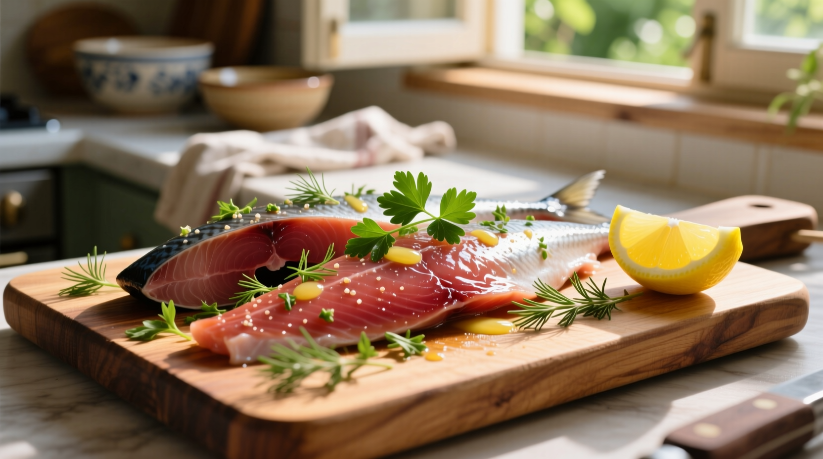 Fresh mackerel fillets seasoned with lemon and herbs