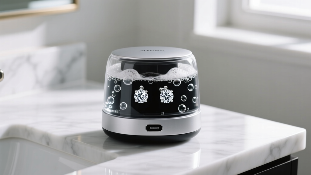 Small ultrasonic jewelry cleaner filled with soapy water, with diamond stud earrings submerged, sitting on a marble bathroom counter.