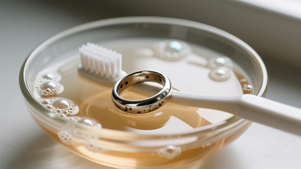 Overhead shot of a tarnished sterling silver ring resting on a glass bowl filled with warm soapy water and a soft toothbrush