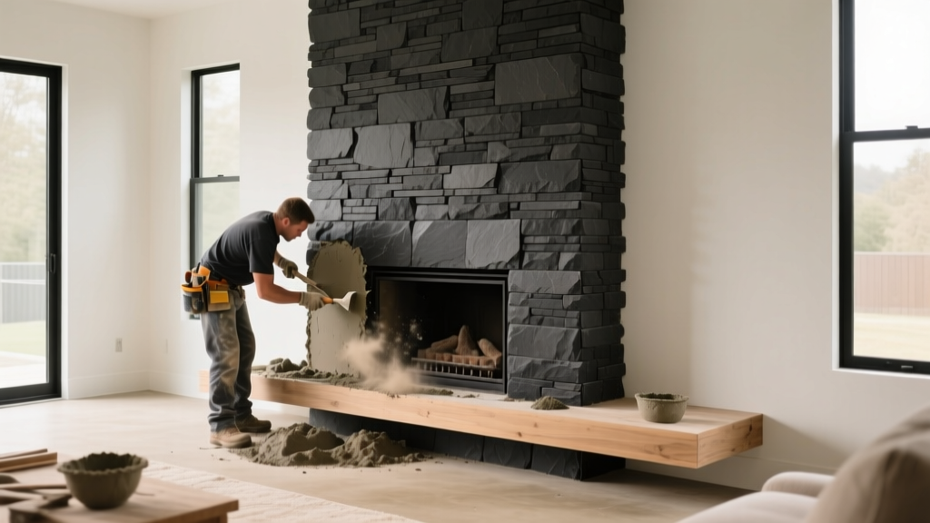 Mason applying mortar to install dark charcoal stacked stone veneer panels on a modern interior living room fireplace surround