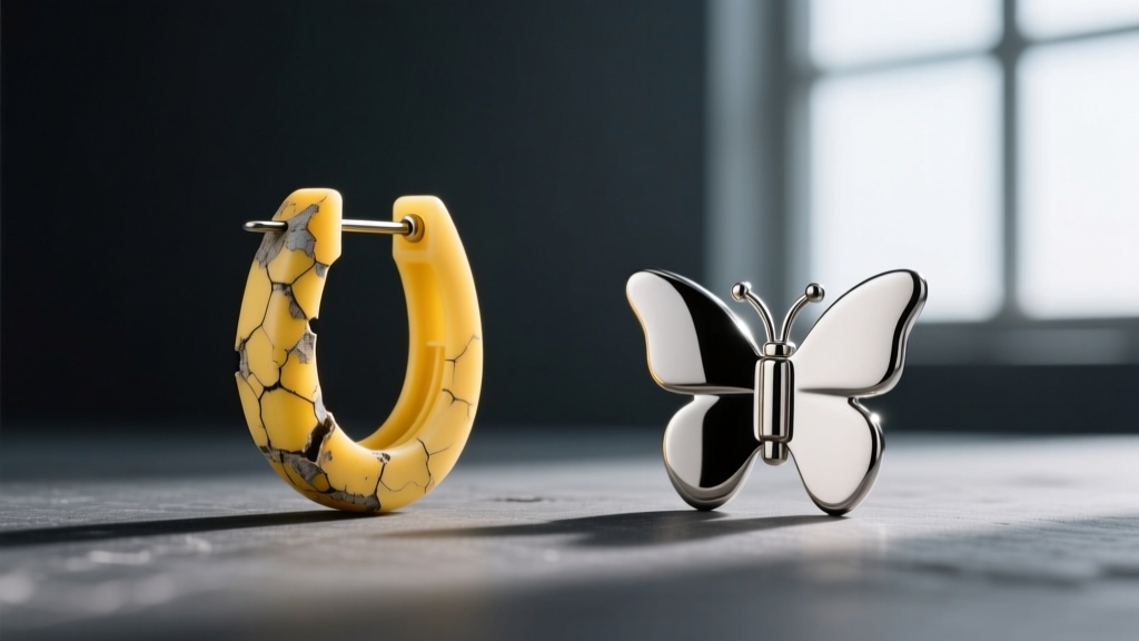 Side by side view of a degraded yellowed plastic earring clutch and a pristine medical grade titanium butterfly back on dark slate.