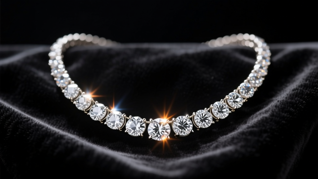 10-carat diamond rivière necklace on dark velvet, showing prong settings and brilliant sparkle under soft, warm studio lighting.