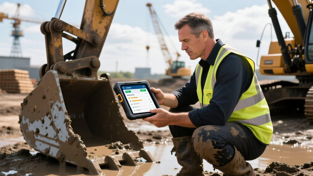 Fleet manager using a heavy equipment maintenance app on a rugged tablet to inspect an excavator bucket on a muddy construction site