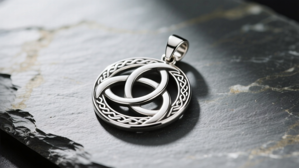 Sterling silver triquetra pendant on slate showing three interlocking loops and knotwork illuminated by soft directional light.