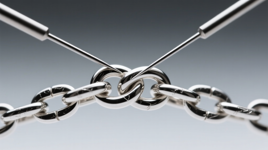 Two fine needles gently prying apart a tight knot in a delicate 0.8mm sterling silver box chain under bright jeweler lamp lighting
