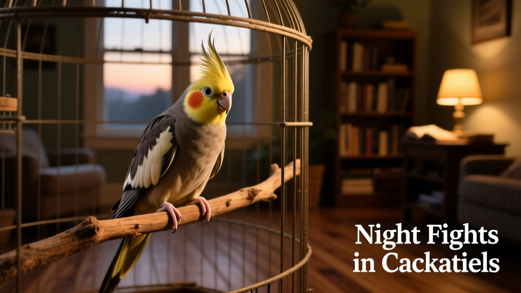 Cockatiel perched peacefully in its cage at dusk, with soft ambient lighting