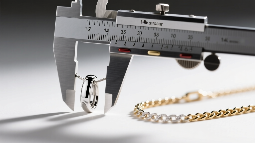Jewelers caliper measuring the exact wire gauge of a platinum pendant bail, with a 14k white gold box chain in soft focus.