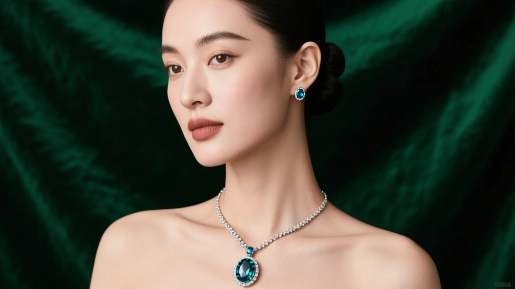 Woman wearing a vintage oval sapphire pendant necklace and matching stud earrings against a dark emerald green velvet backdrop.