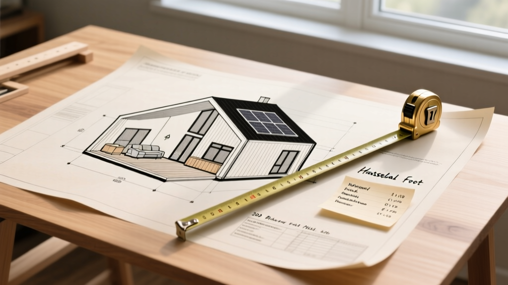 Blueprint of a 300 square foot mini house with material cost estimates and a tape measure overlaid on a wooden drafting table