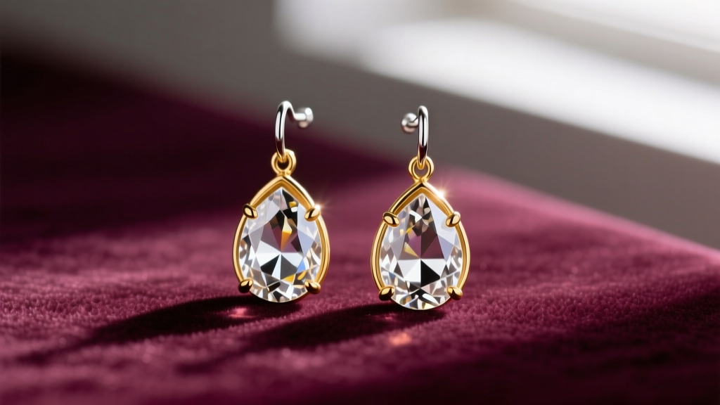 Macro shot of Chrystina crystal drop earrings on velvet, showing gold vermeil plating, faceted stones, and standard 20-gauge posts