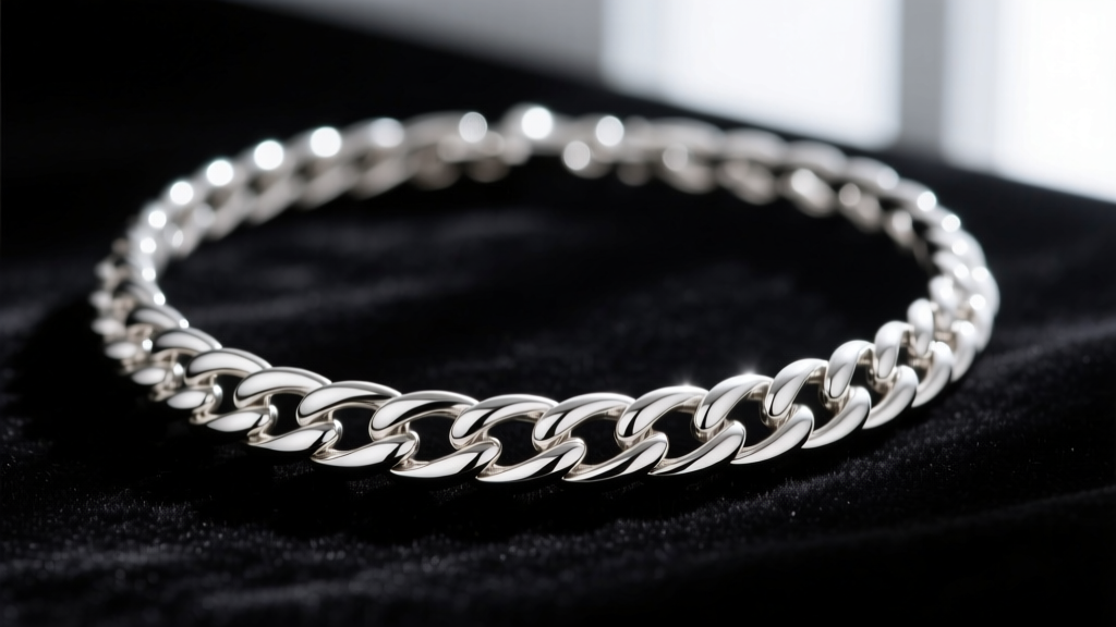 Macro shot of a sterling silver herringbone necklace on black velvet, highlighting its fluid, tightly woven V-shaped metal links