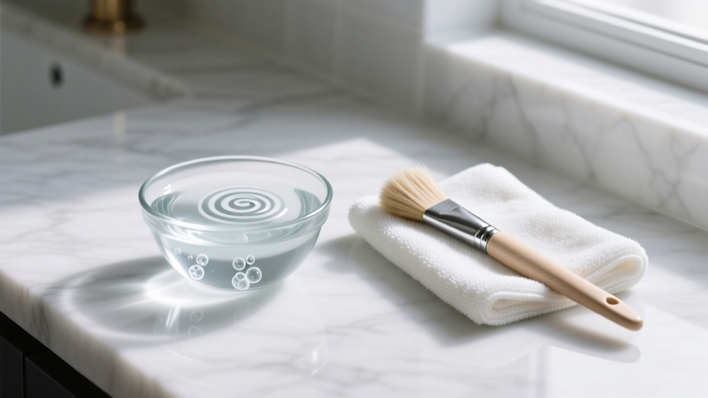 Small glass bowl of distilled water and mild soap next to a microfiber cloth and soft brush on a white marble countertop.
