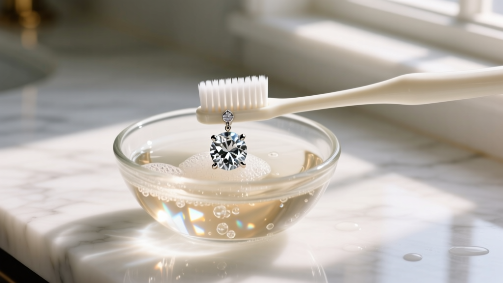 Soft-bristled toothbrush gently scrubbing the pavilion of a diamond earring submerged in a small glass bowl of warm soapy water.