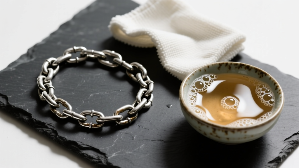 Top-down view of a tarnished sterling silver chain on dark slate beside a microfiber cloth and a small bowl of warm soapy water.