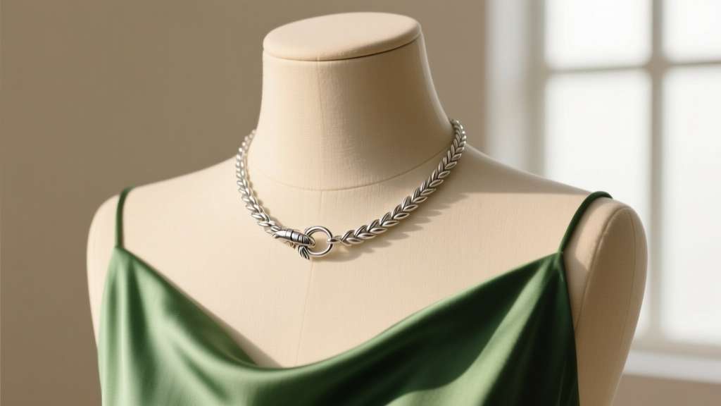 Delicate 1.5mm sterling silver wheat chain with a secure lobster clasp draped over a mannequin neck wearing a green silk top.