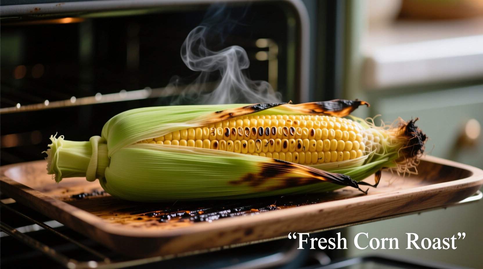 Fresh corn on cob roasting in oven with husk