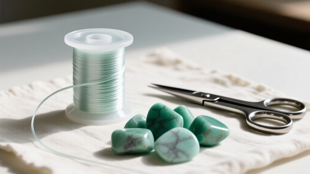 Close-up of a crafting workspace with a spool of clear 0.7mm elastic cord, matte amazonite gemstone chips, and flush cutters.