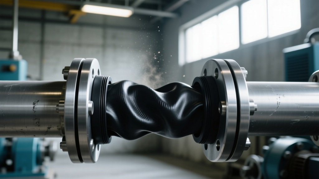 Close-up of black EPDM rubber waterproof gasket material being compressed between two flanged steel pipes in an industrial pump room