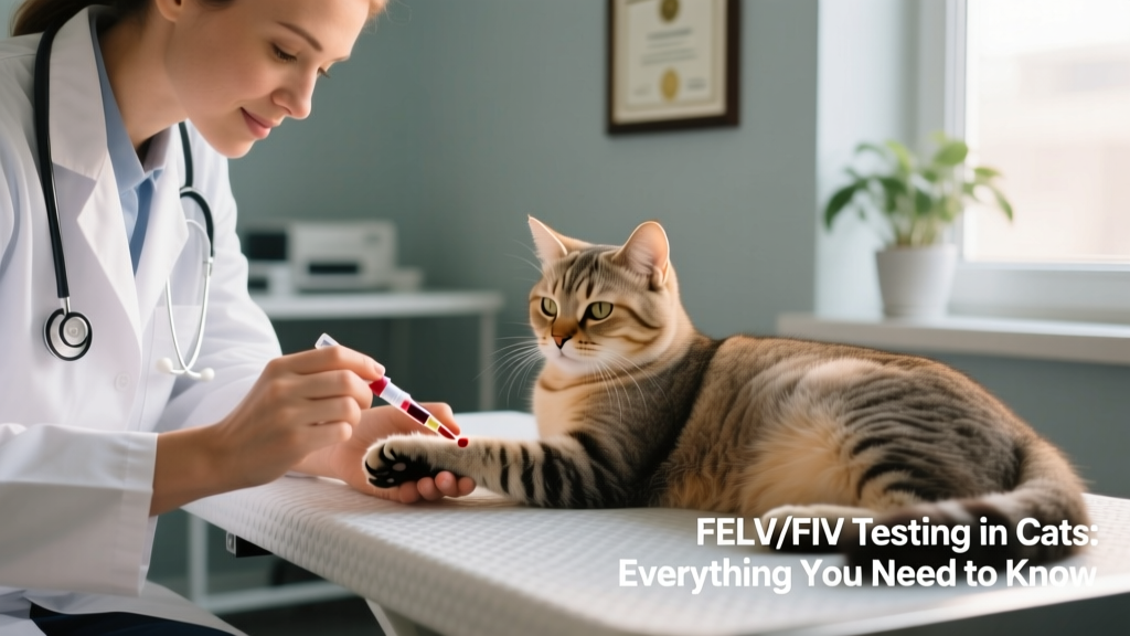 Veterinarian gently drawing a small blood sample from a relaxed cat’s leg during a routine exam