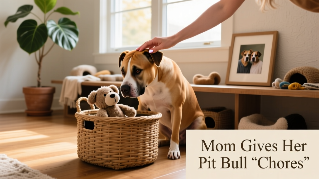 A dog gently placing a toy into a woven storage bin, guided by a hand gesture