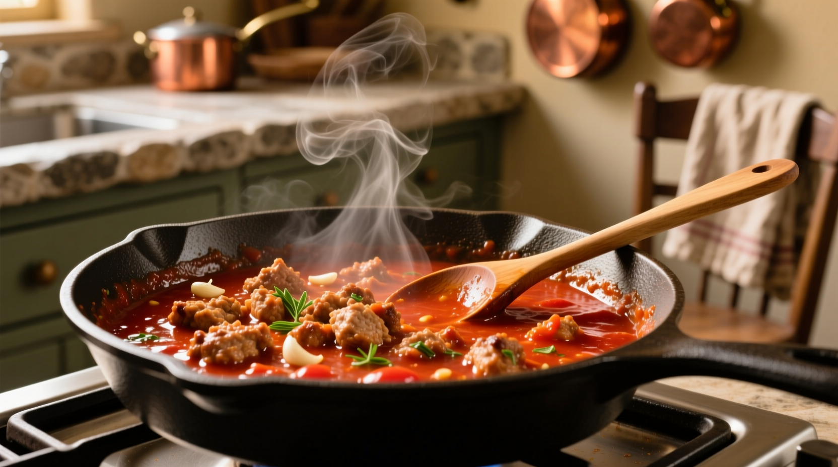 Ground turkey simmering in rich tomato sauce