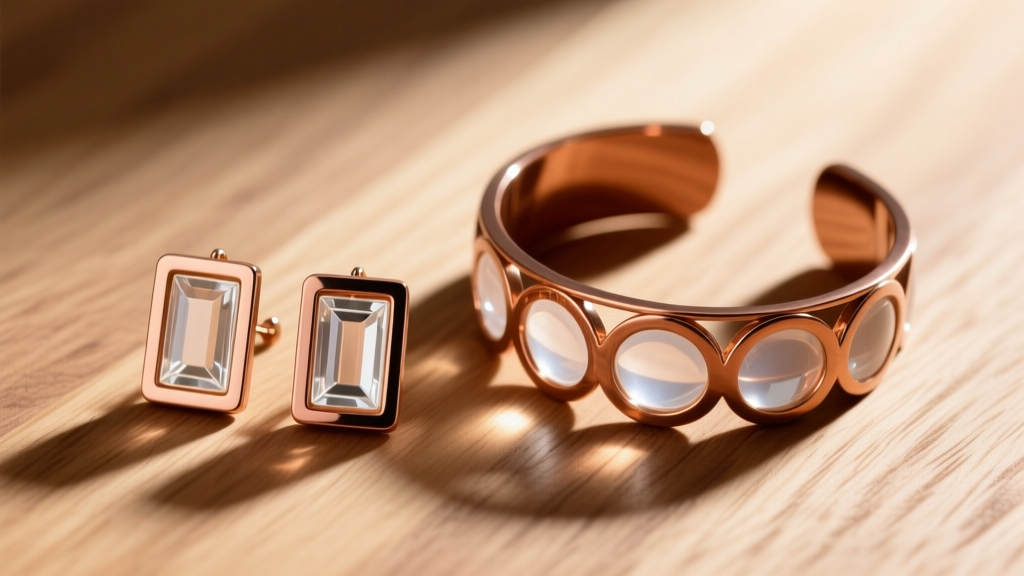 Flat lay of unsigned 1950s copper and lucite mid century modern earrings and a matching cuff bracelet on a warm wood surface