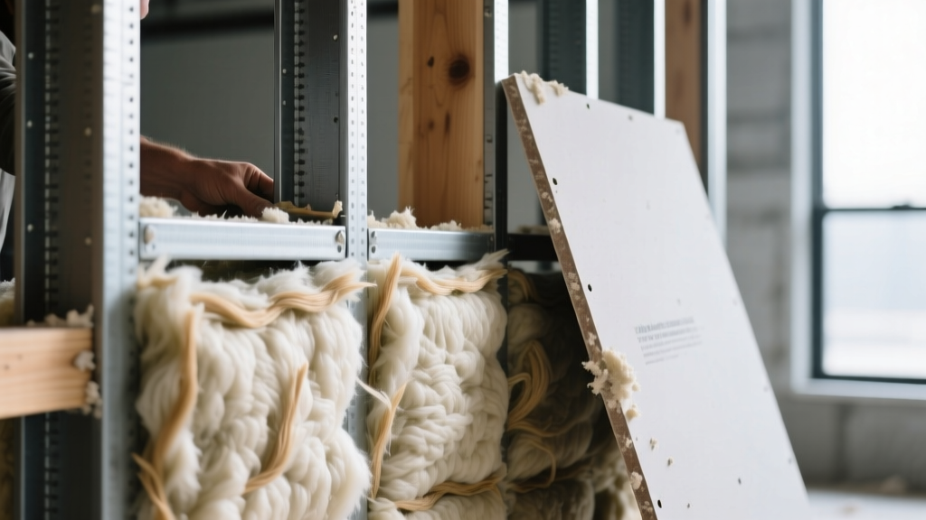 Close-up of dense mineral wool insulation batts being fitted between steel wall studs with a fire-rated gypsum board leaning nearby