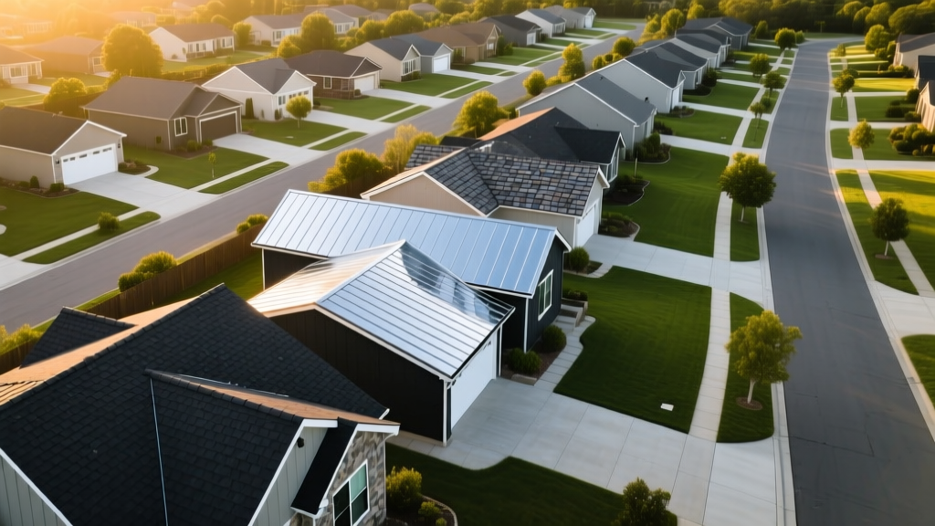 Aerial view of suburban homes showcasing contrasting dark asphalt shingles, reflective standing seam metal, and synthetic slate roofs