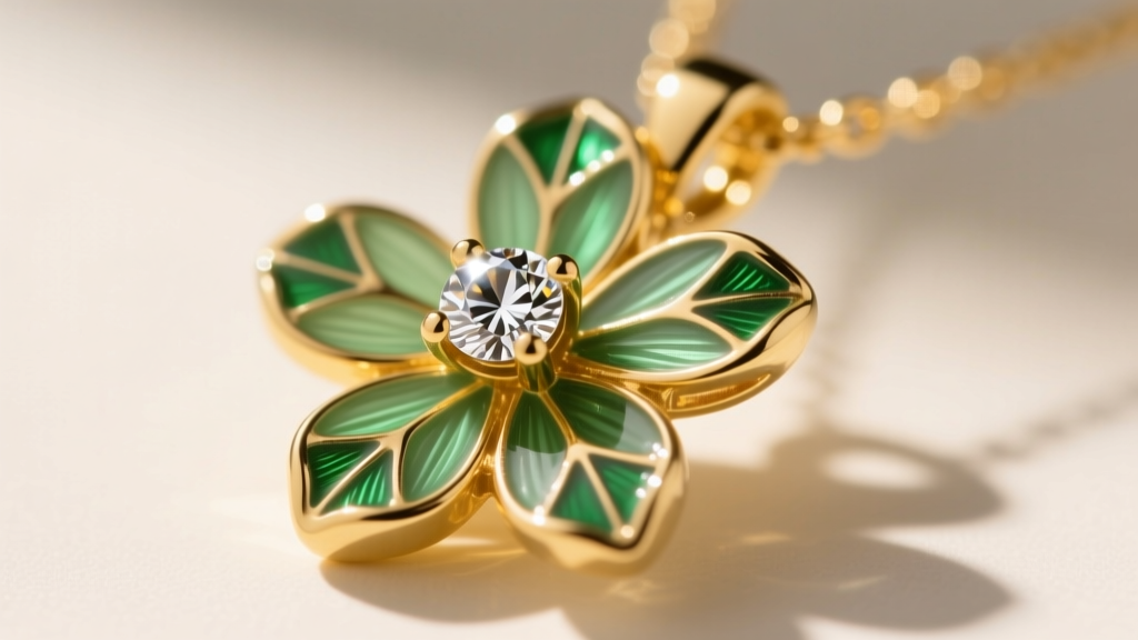 Close-up of a 14k yellow gold bloom necklace pendant featuring translucent green guilloché enamel petals and a central diamond.