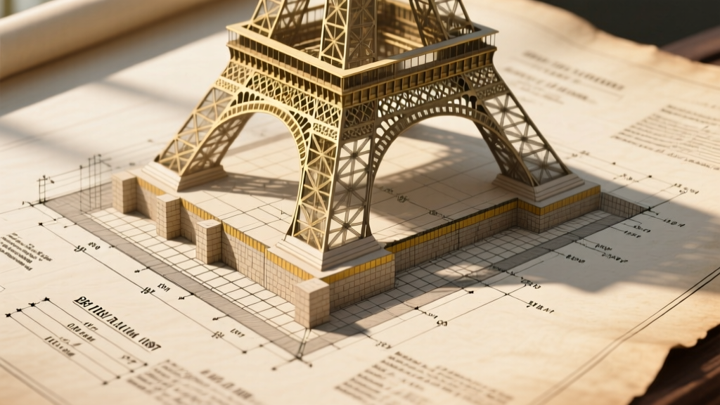 Historical blueprint of the Eiffel Tower foundation showing the 1887 structural layout and masonry pier dimensions